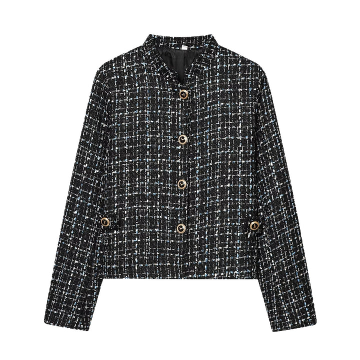 Damen Bouclé‑Tweed‑Cropped‑Jacke mit Stehkragen und goldfarbenen Schmuckknöpfen Echoarchiv