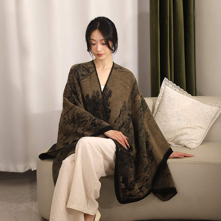 Damen Jacquard‑Strickcape mit strukturierter Weboptik und offener Front Echo Archiv