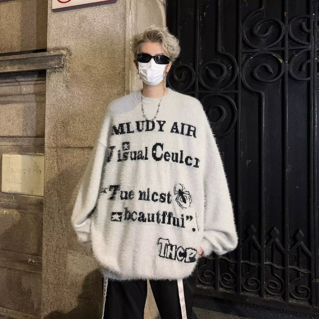 Damen Oversized Strickpullover mit grafischem Schriftzug Echoarchiv