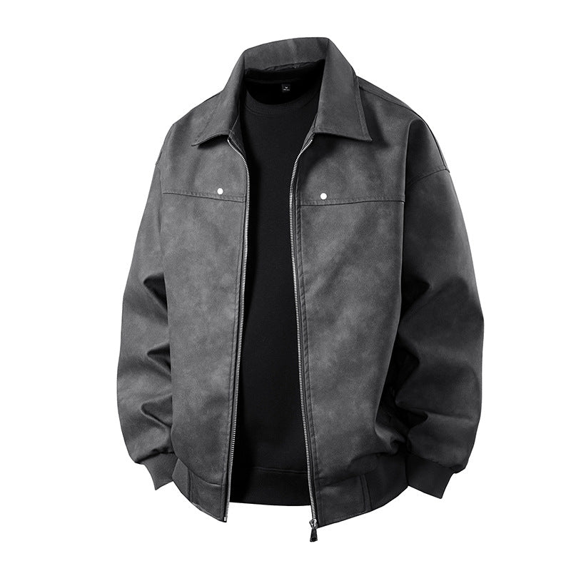 Herren Boxy-Suede-Überhemdjacke mit glatter Veloursleder‑Optik, verdecktem Reißverschluss & elastischen Bündchen Echoarchiv