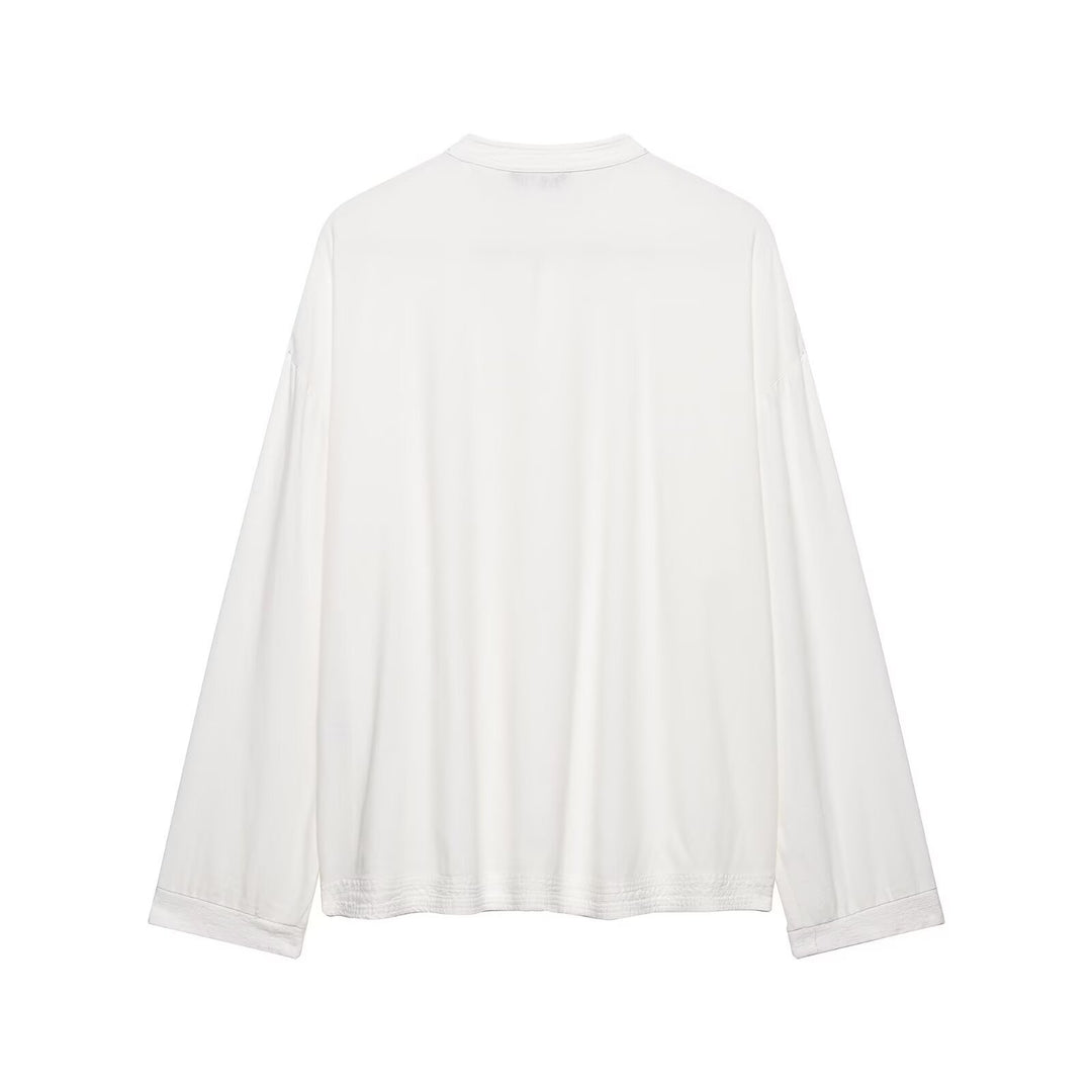 Damen Oversize Tunika‑Bluse im asiatisch inspirierten Stil mit Stehkragen und Zierknotenverschlüssen Echo Archiv