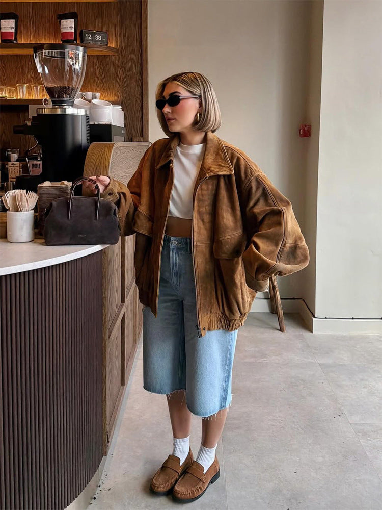 Damen Oversize Veloursleder-Bomberjacke mit elastischem Saum Echoarchiv