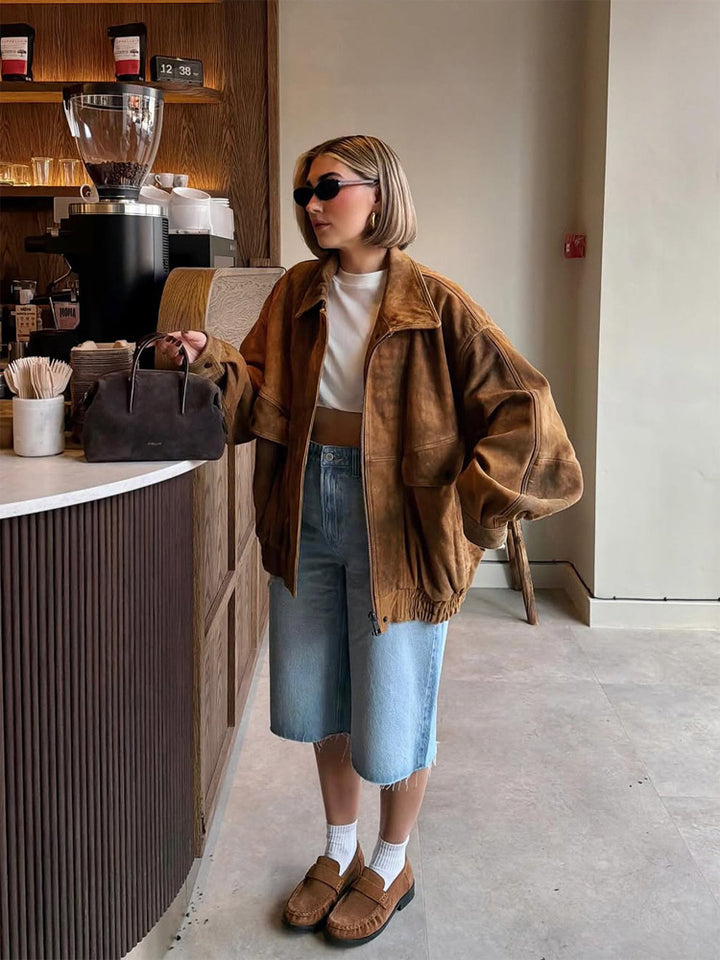 Damen Oversize Veloursleder-Bomberjacke mit elastischem Saum Echoarchiv
