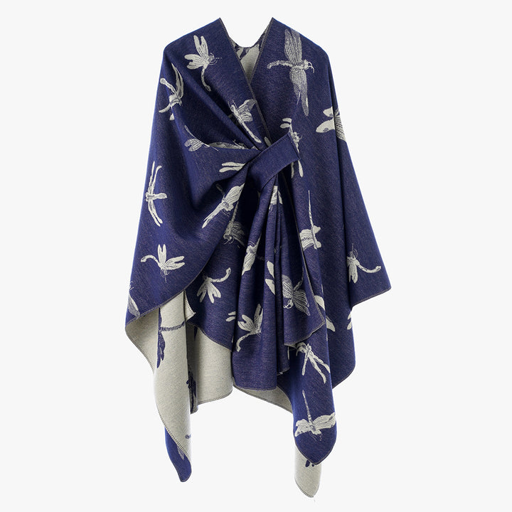 Damen Kaschmirähnlicher Jacquard‑Cape mit Libellen‑Motiv und Bindegürtel – Avérine