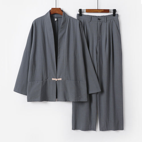 Damen Kimono-Lounge-Set aus leichtem Viskose-Leinen mit dekorativem Knebelverschluss und weiter Bundhose Echoarchiv
