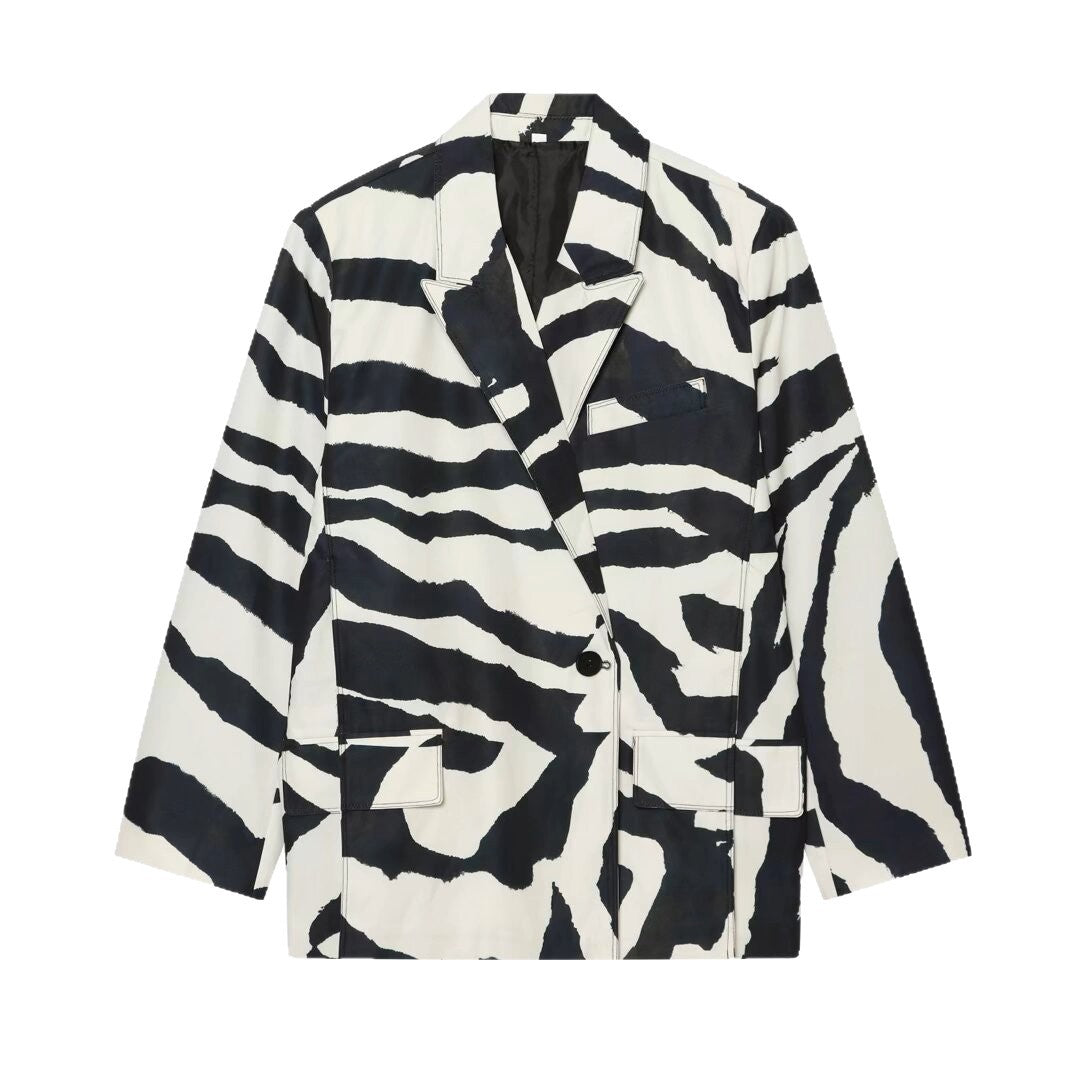 Damen Oversize-Blazer im Zebra-Print mit Reverskragen und Pattentaschen Echoarchiv