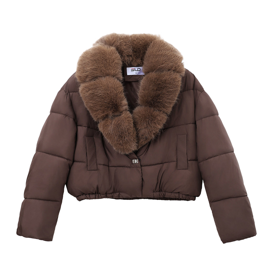 Damen cropped Isolationsjacke mit voluminösem Kunstpelz-Schalkragen und elastischem Saum – Célinea