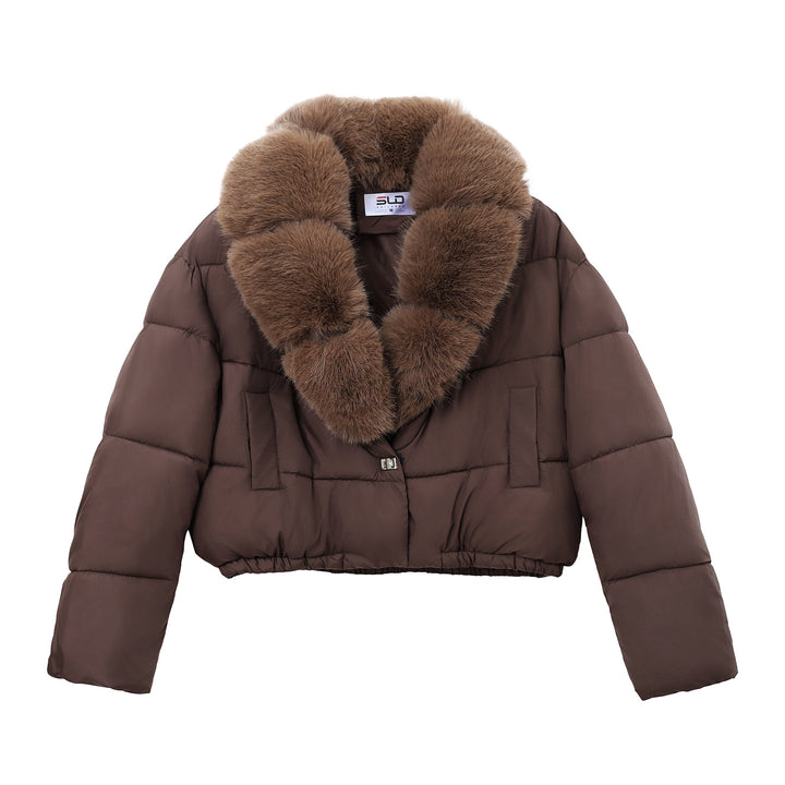 Damen cropped Isolationsjacke mit voluminösem Kunstpelz-Schalkragen und elastischem Saum – Célinea