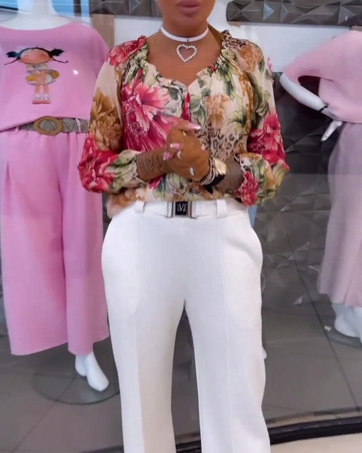 Damen nan leichte Satinbluse mit Animal- und Floralprint, Rüschenkragen, V-Ausschnitt und Manschettenärmeln Echo Archiv