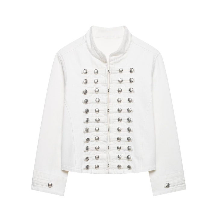 Damen Taillierte Denim‑Blazerjacke im militärisch inspirierten Marschallstil mit Zierknopfleiste Echo Archiv