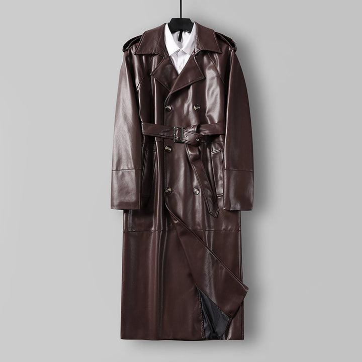 Herren Langer Kunstleder-Trenchcoat mit Doppelreiher, Taillengürtel und Schulterklappen Echoarchiv
