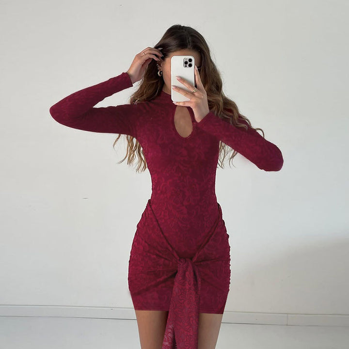 Damen Tailliertes Jacquard-Minikleid mit Drapé-Knoten und Langarm – Avérine