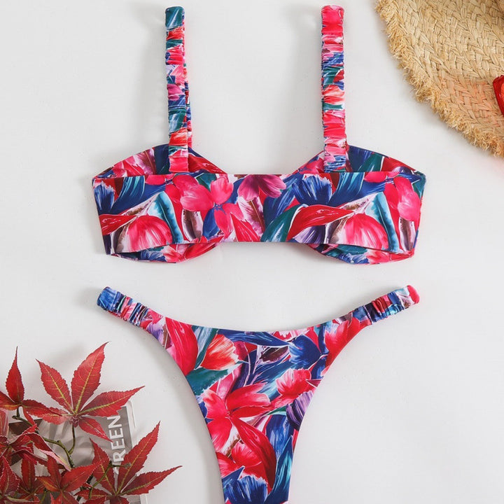 Damen Triangel-Bikini mit tropischem Druck und zarten Rüschen Echo Archiv