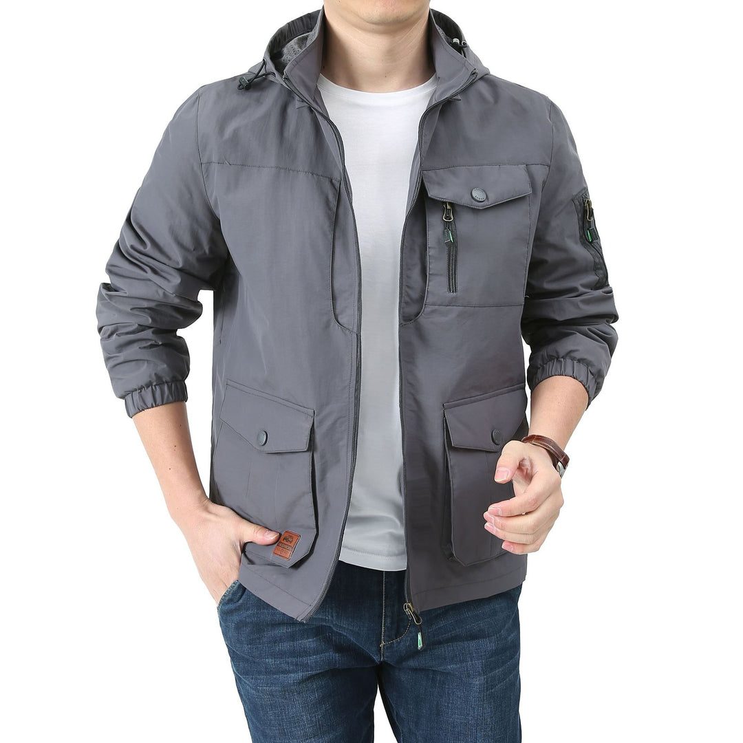 Herren  Kapuzen leichte Utility-Feldjacke mit Mehrfachtaschen, Reißverschluss und Druckknopfverschluss Echo Archiv
