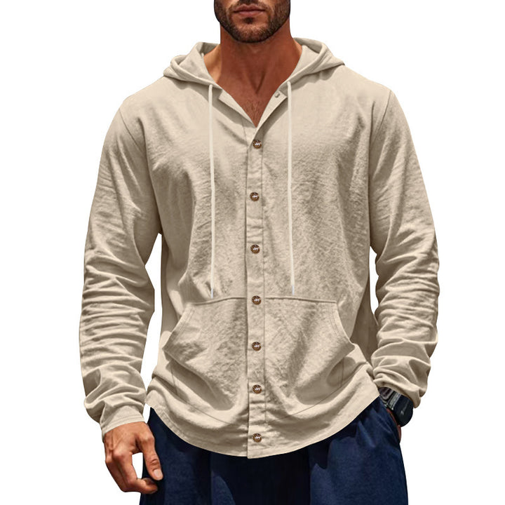 Herren nan knopfverschlossene Kapuzenhemdjacke aus leichtem Baumwollmix mit Kängurutasche Echo Archiv