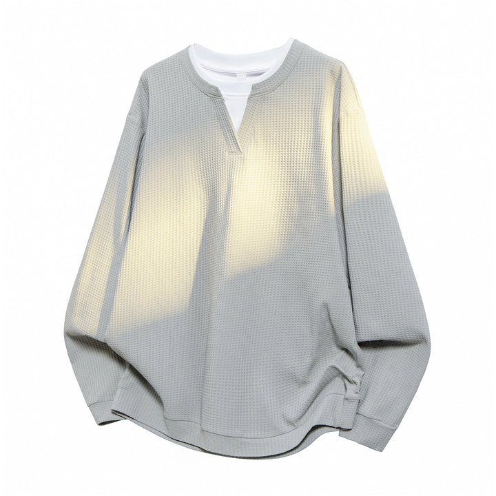 Herren Oversize Waffelstruktur-Langarmshirt mit V‑Einsatz und Layering-Optik Echo Archiv