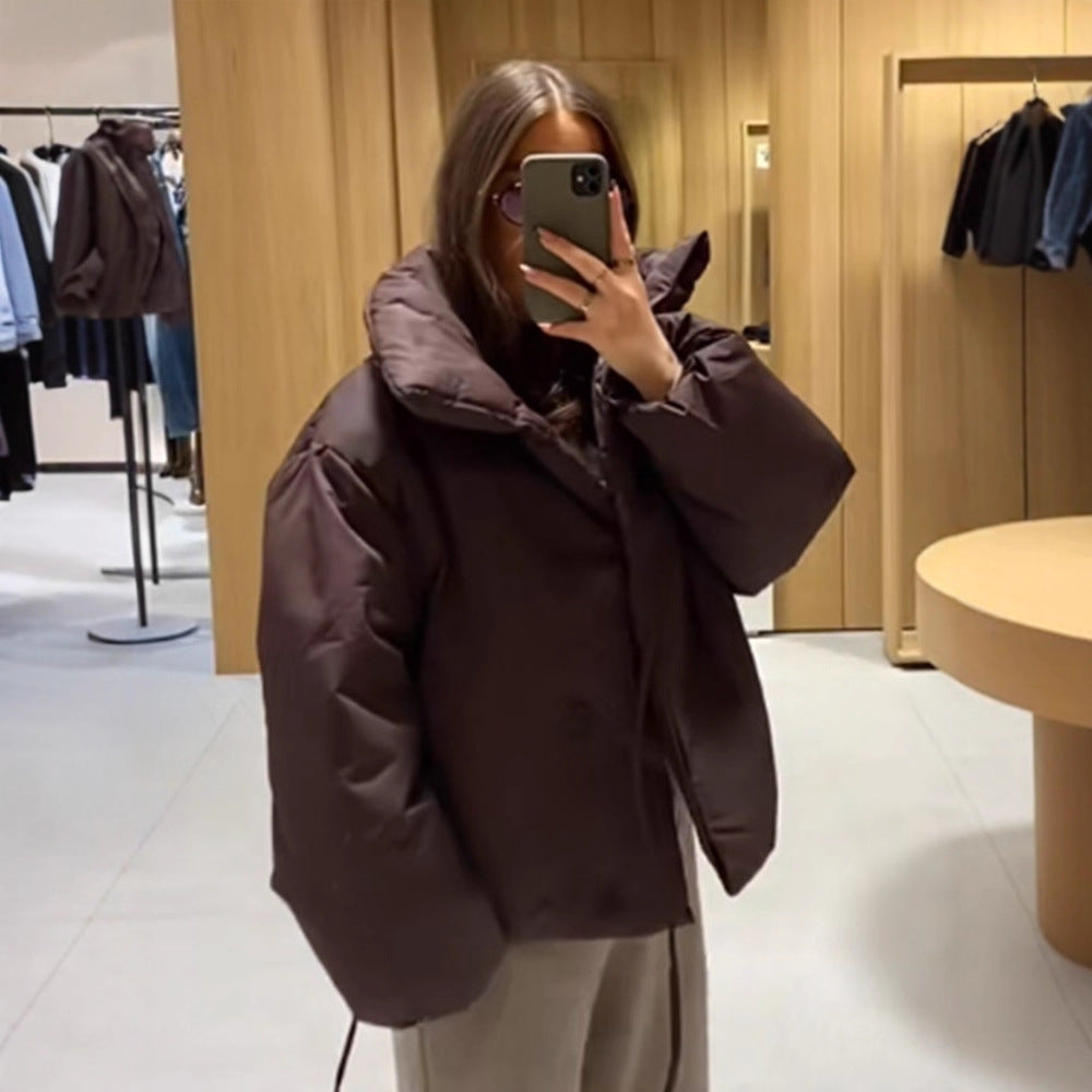 Damen Kurze wattierte Oversize-Pufferjacke mit Kapuze und Bindegürtel Echoarchiv