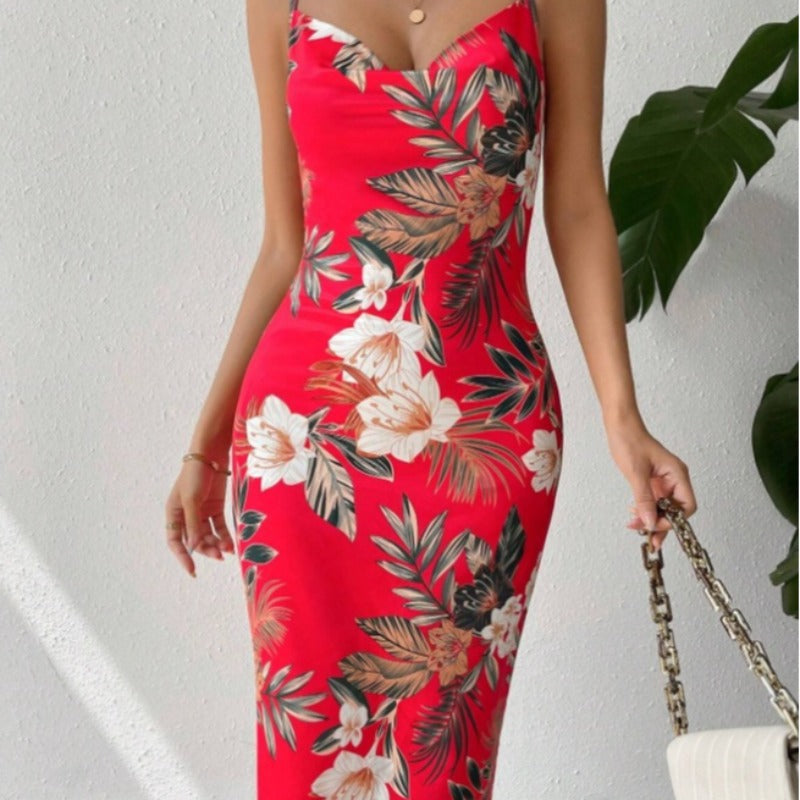 Damen Sommerliches Etuikleid mit floralem Design und Spaghetti-Trägern Echo Archiv