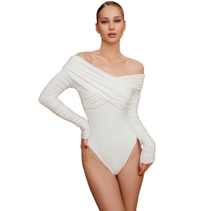 Damen Eleganter Off-Shoulder Body mit gerafften Ärmeln Echo Archiv