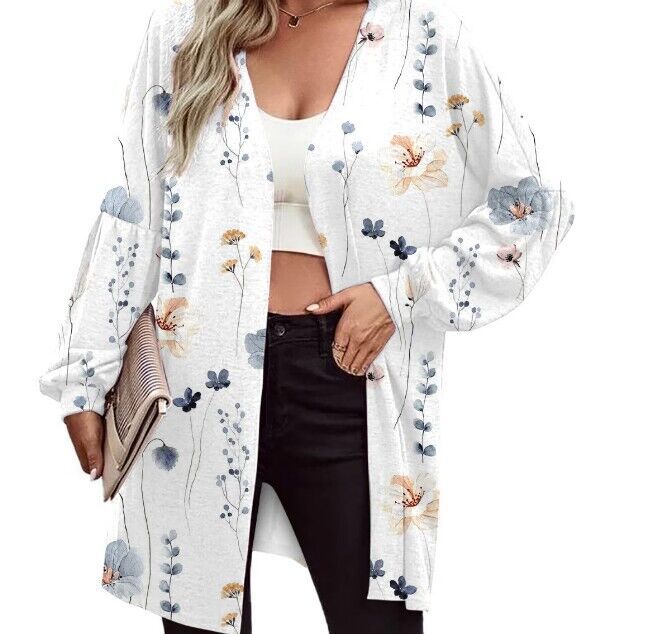 Damen Leichter Offener Longcardigan mit Federmotiv und Oversize-Ärmeln – Veloura
