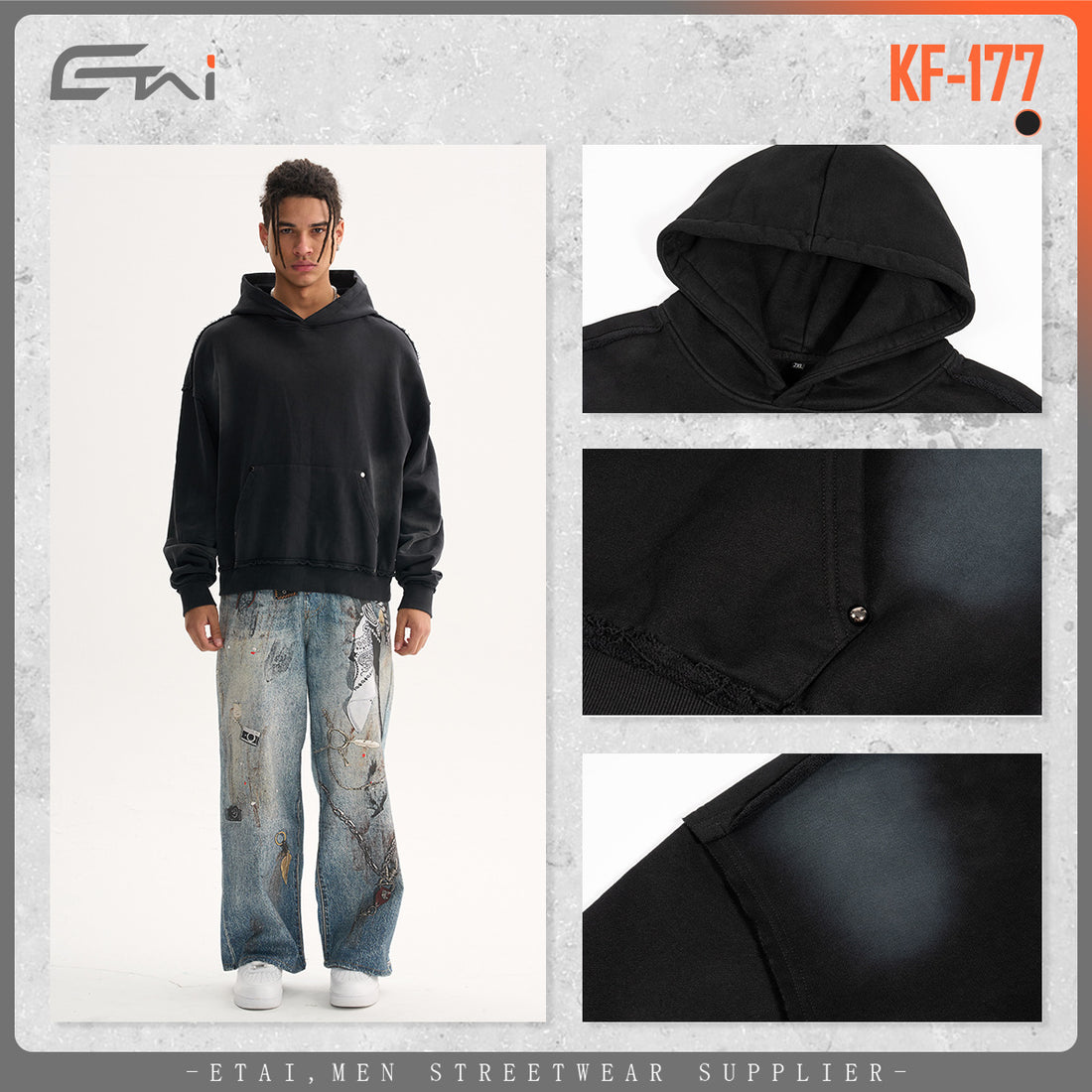 Herren Boxy-Kapuzenpullover mit abgenutztem Saum, Nieten-Kängurutasche und verwaschenem Fleckeneffekt Echo Archiv