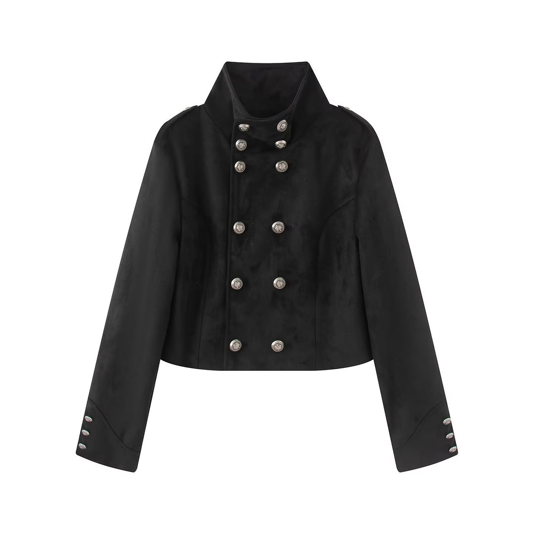Damen Kurze uniforminspirierte Jacke mit hohem Stehkragen, Doppelknopfreihe und Ziermanschetten Echoarchiv