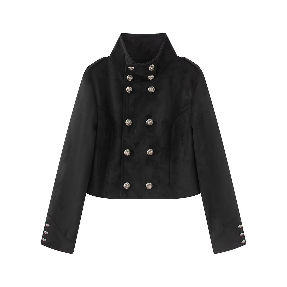 Damen Kurze uniforminspirierte Jacke mit hohem Stehkragen, Doppelknopfreihe und Ziermanschetten Echoarchiv