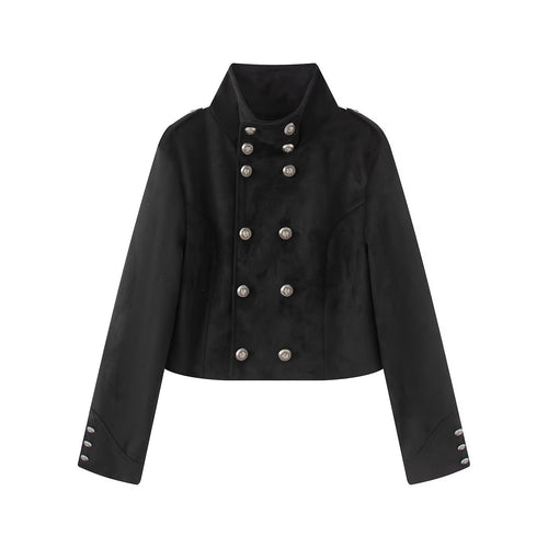 Damen Kurze uniforminspirierte Jacke mit hohem Stehkragen, Doppelknopfreihe und Ziermanschetten Echoarchiv