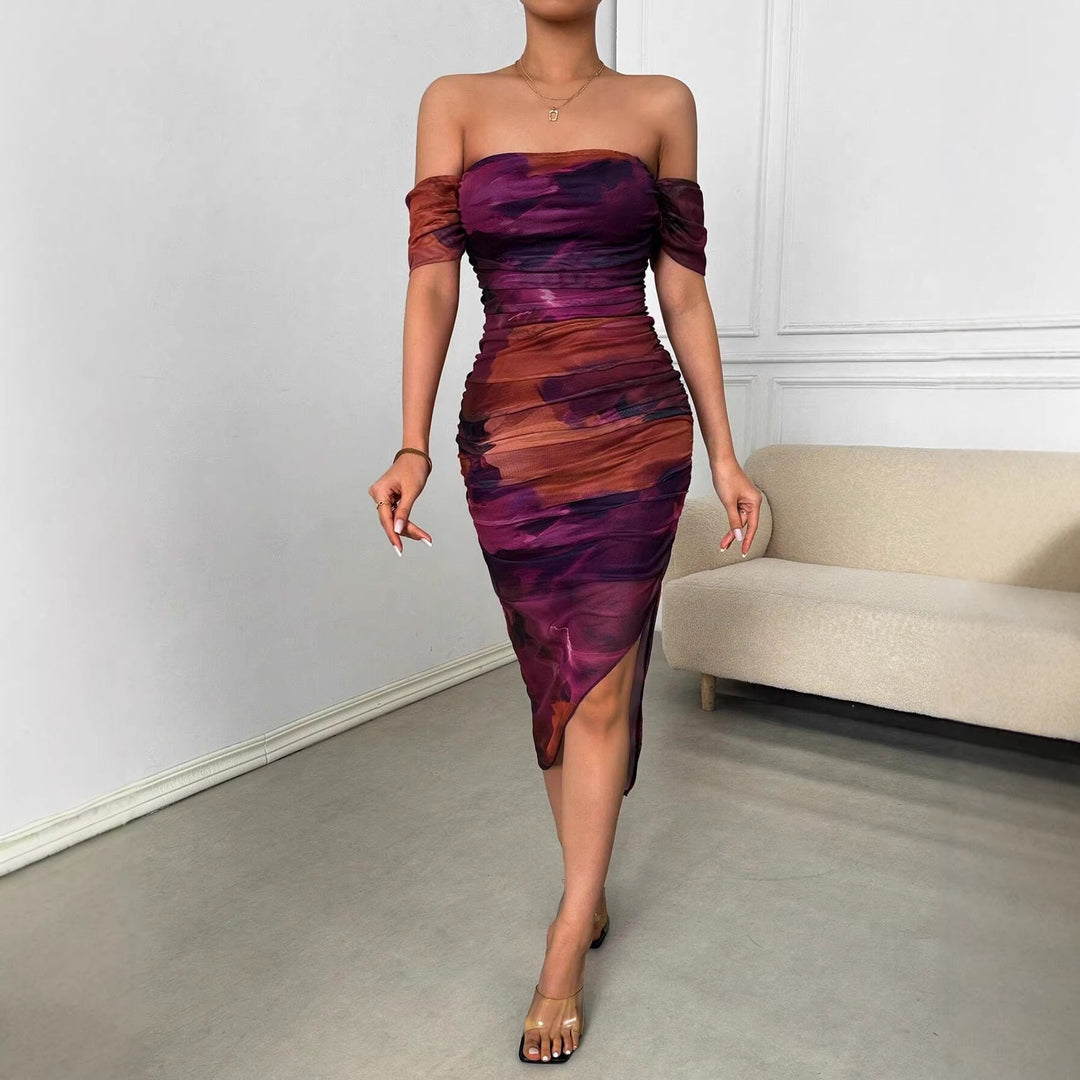 Damen Figurbetontes schulterfreies Maxikleid mit Raffung, Beinschlitz und Aquarell-Print Echo Archiv