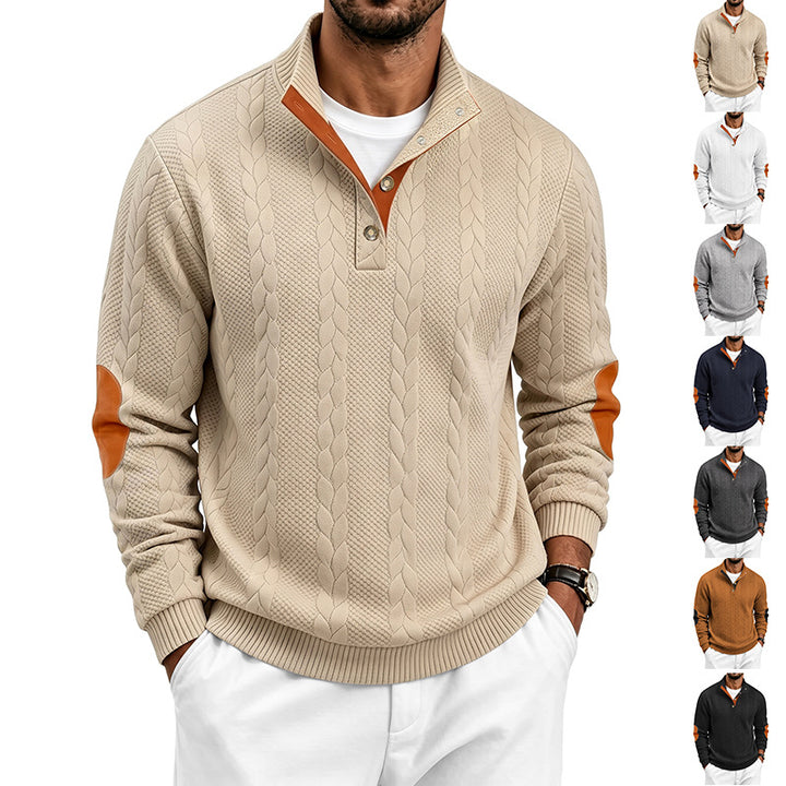 Herren Troyer-Pullover mit Zopfmuster, Ellbogen‑Patches und kontrastierter Knopfleiste Echoarchiv