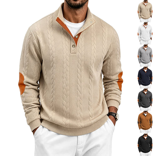 Herren Troyer-Pullover mit Zopfmuster, Ellbogen‑Patches und kontrastierter Knopfleiste Echoarchiv