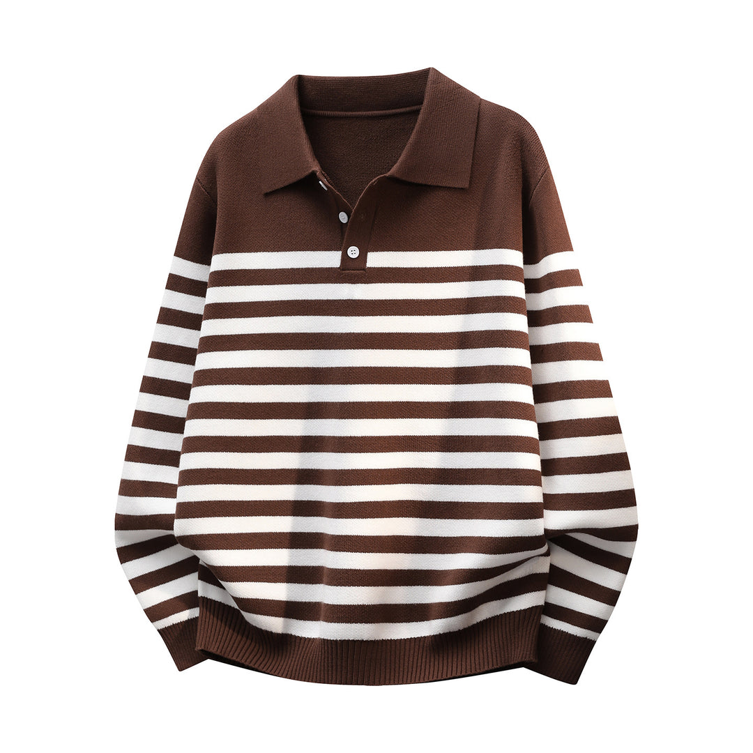 Herren Gestreifter Oversize Polo Strickpullover mit Halbknopfblende und gerippten Abschlüssen Echoarchiv