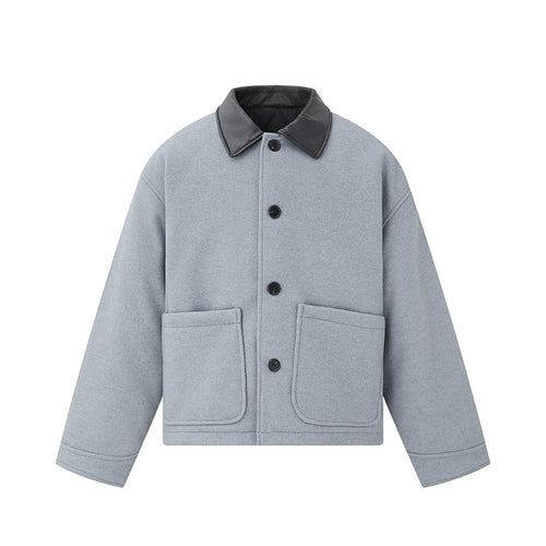 Unisex Kurzblouson im minimalistischen Workwear‑Look aus Wollmix mit Lederoptikkragen Echoarchiv