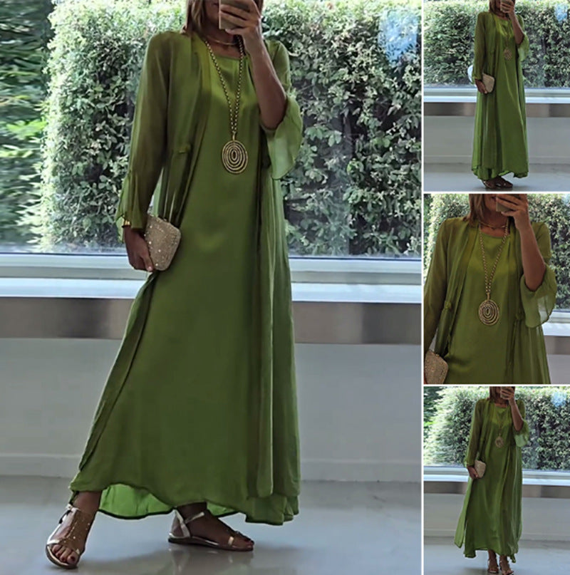 Damen nan doppellagiges Abendmaxikleid mit transparentem Überwurf, geschmeidigem Innenkleid, Taillenbändern und Trompetenärmeln Echo Archiv