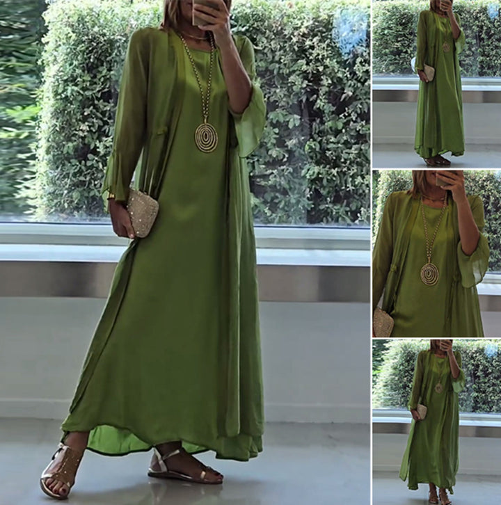 Damen nan doppellagiges Abendmaxikleid mit transparentem Überwurf, geschmeidigem Innenkleid, Taillenbändern und Trompetenärmeln Echo Archiv
