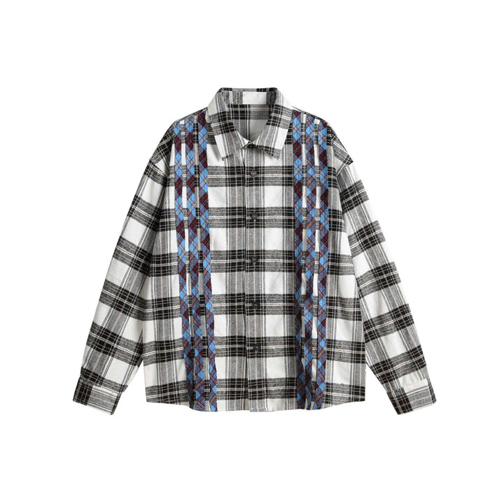 Unisex Oversize-Hemdjacke im Karo-Mix mit vertikaler Argyle-Stickerei Echoarchiv