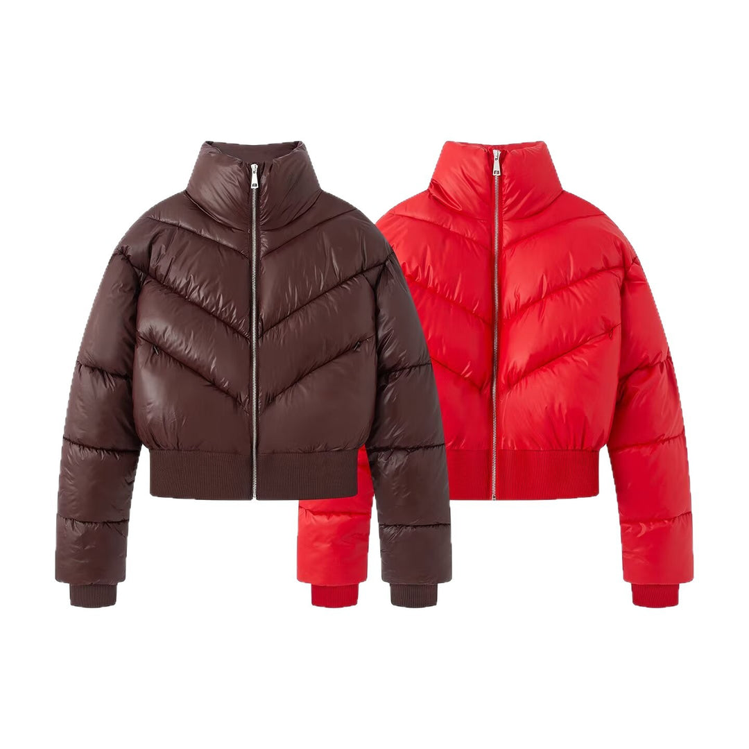 Damen Cropped Pufferjacke mit hohem Stehkragen und breitem Rippenbund Echoarchiv