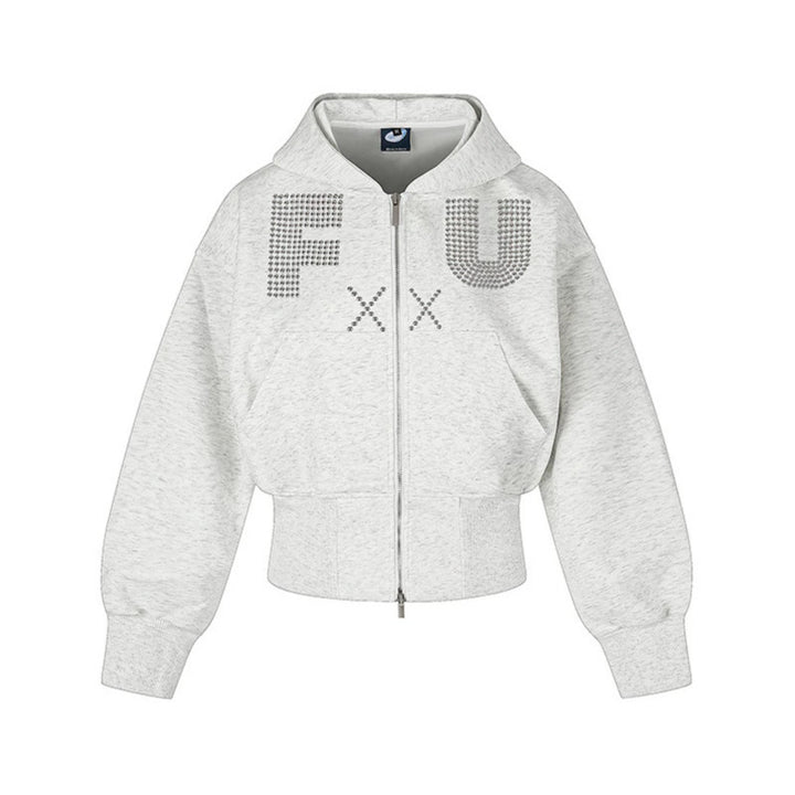 Damen Kurze Kapuzen-Sweatjacke mit durchgehendem Reißverschluss, breitem Rippbund und Strass-Logo Echoarchiv