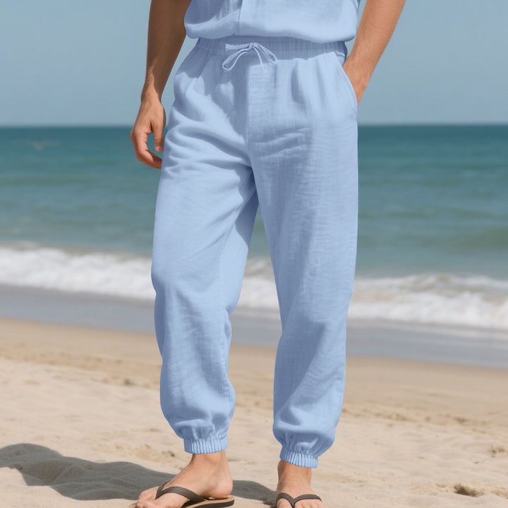Herren Leichte Leinenoptik-Loungehose mit Tunnelzug, elastischem Knöchelabschluss & Seitentaschen – Sorevano