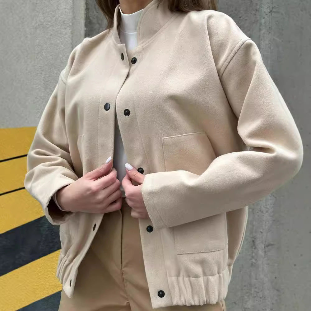 Damen Kurz geschnittene Bomberjacke aus Wollmix mit Druckknopfverschluss und elastischem Saum Echoarchiv