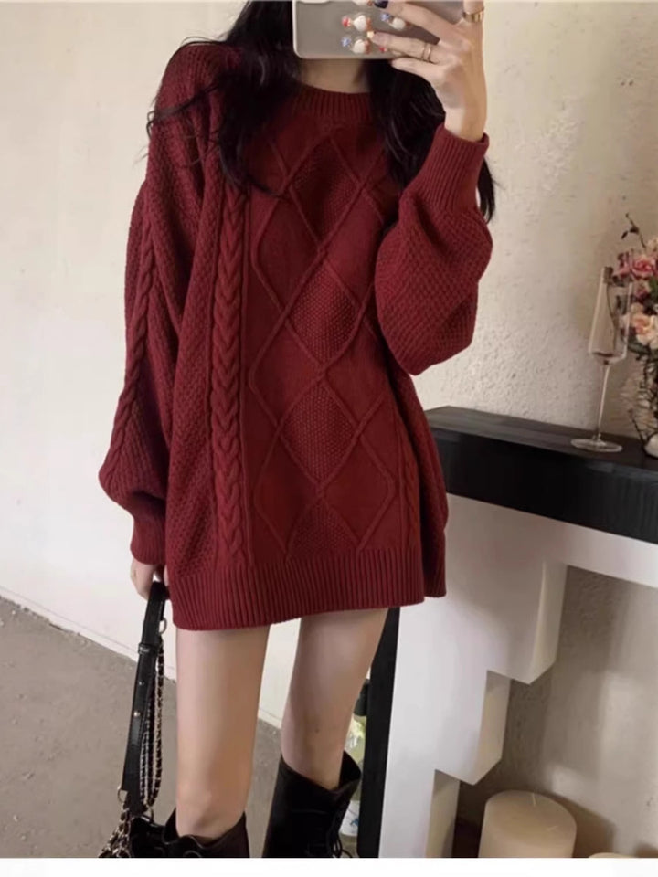 Damen Oversize Zopfmuster-Longpullover mit Rundhals und Ballonärmeln Echoarchiv