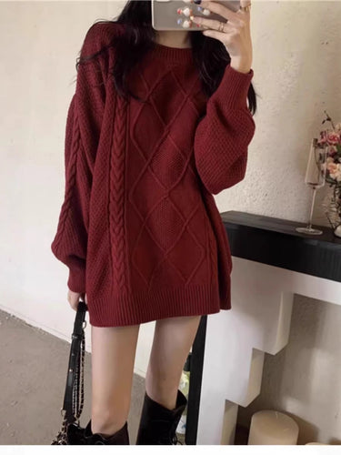 Damen Oversize Zopfmuster-Longpullover mit Rundhals und Ballonärmeln Echoarchiv