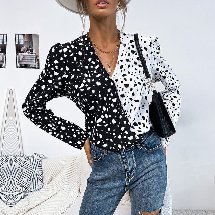 Damen Leichte Langarm-Bluse mit diagonaler Zweifarben-Optik und Tupfenmuster Echoarchiv
