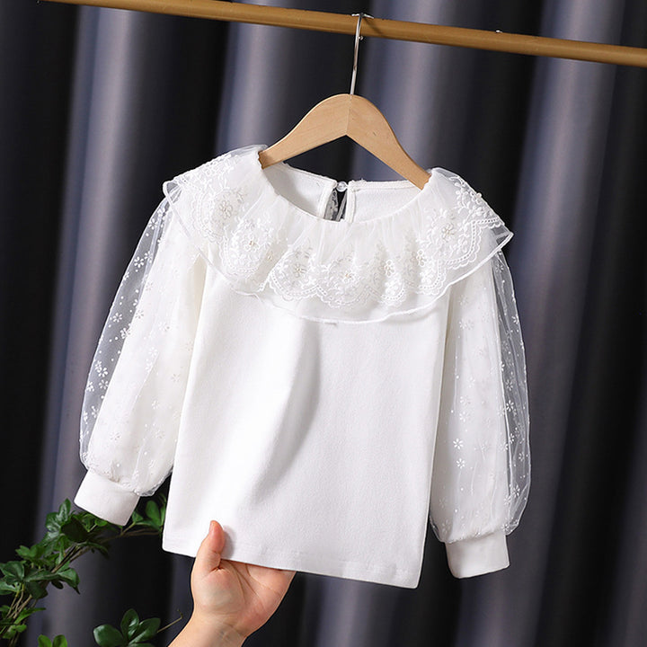 Mädchen Bluse mit floralem Tüllkragen und eleganten Puffärmeln Echo Archiv