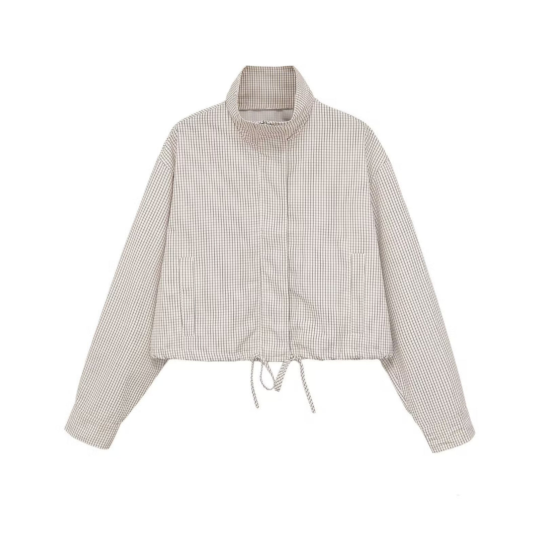 Damen Karierte Cropped-Jacke mit Stehkragen, Tunnelzug und verdecktem Reißverschluss Echo Archiv