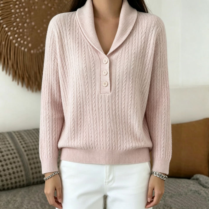 Damen Strickpullover mit Schalkragen, Zopfmuster und Knopfleiste – Mavelle