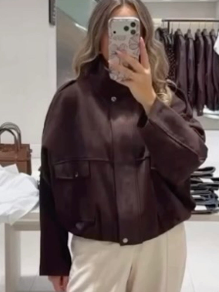 Damen Oversize Cropped Kunstlederjacke mit Stehkragen und Pattentaschen Echoarchiv