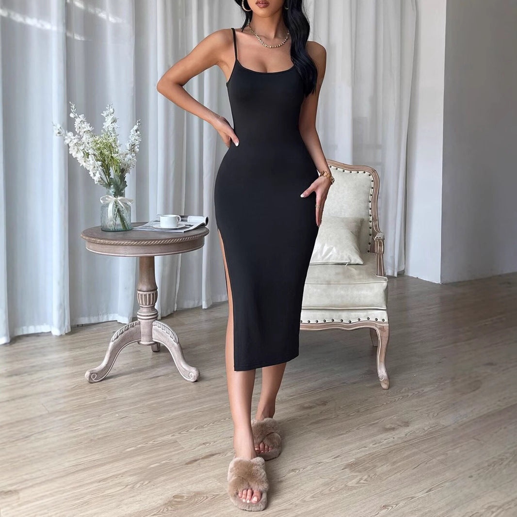 Damen figurbetontes Maxi-Kleid mit schmalen Spaghettiträgern und seitlichem Schlitz Echo Archiv