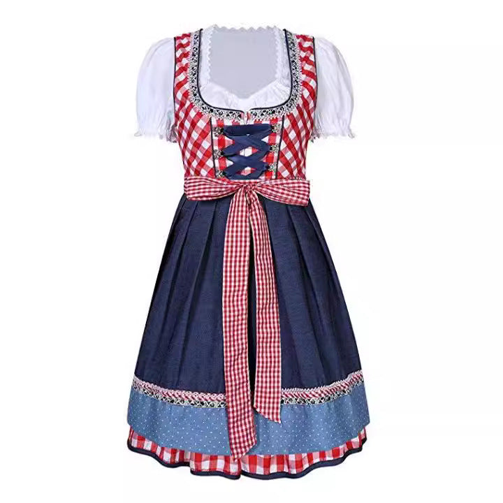 Damen  kurzes traditionelles Trachten Dirndl mit Herzausschnitt Schnürkorsett und karierter Schürze Echo Archiv