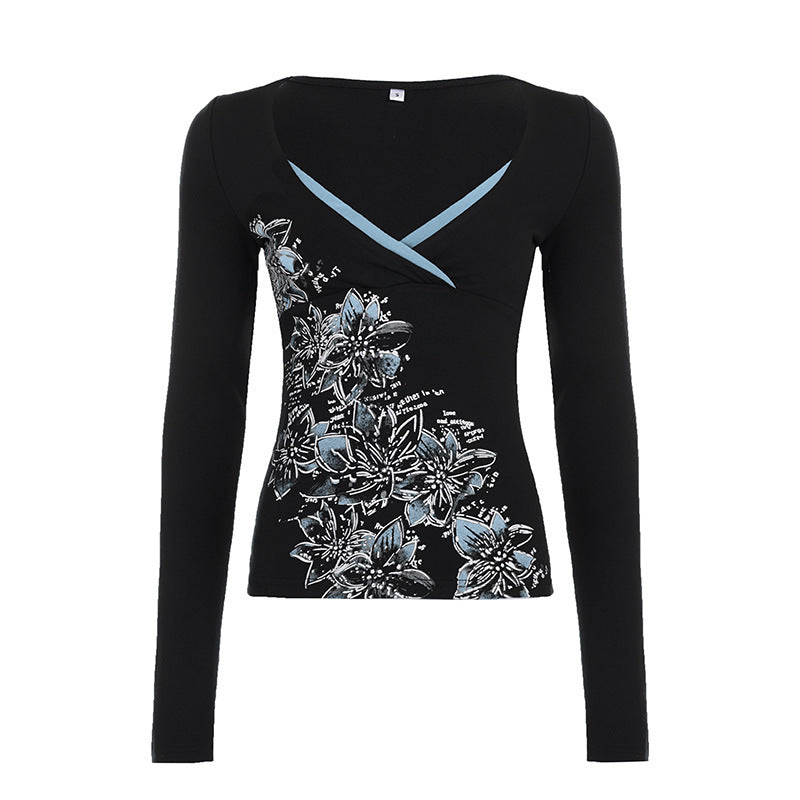 Damen Langarm-Crossover-Top mit V-Ausschnitt, floraler Seitenprint und Kontrastbesatz – Orélia